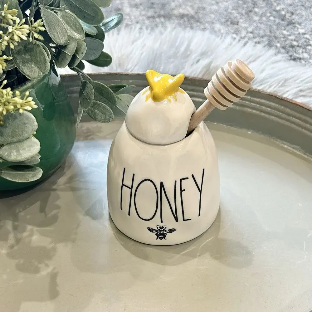Rae Dunn HONEY Pot w Wooden Dipper Honey Jar Yellow Honey Bee Artisan Collection